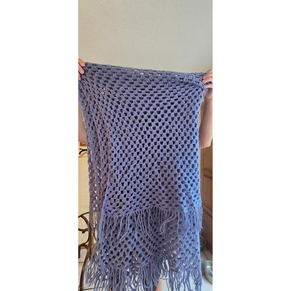 Handmade Crochet Shawl Gray Granny Square Knit Wrap with Fringe Trim 70 X 49